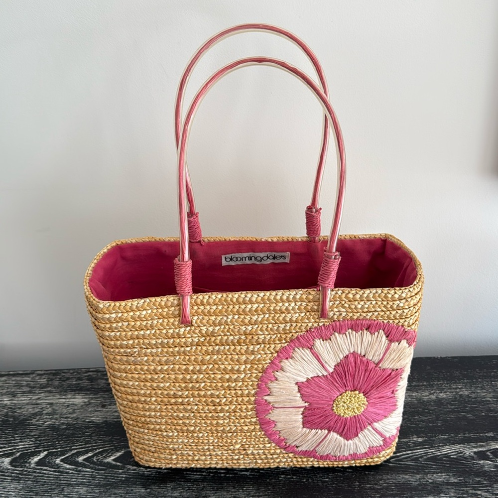 Bloomingdales Vintage straw bag with pink embroidered flower